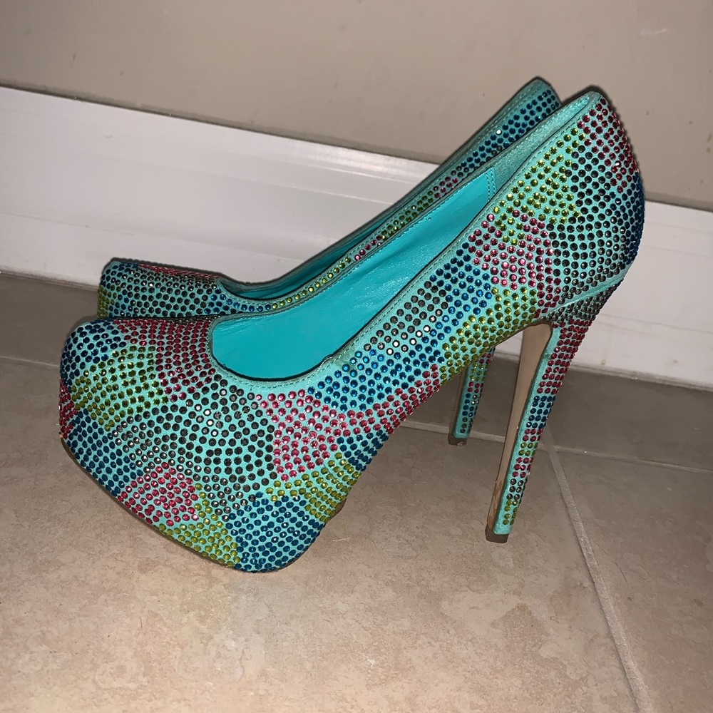 Blue Rhinestone Platform Heels